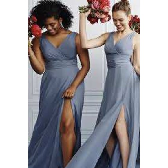 Davids Bridal Dresses & Skirts - NWT $199 Davids Bridal Blue Steel Long Mesh Gown With Cowl V Neck Size 2